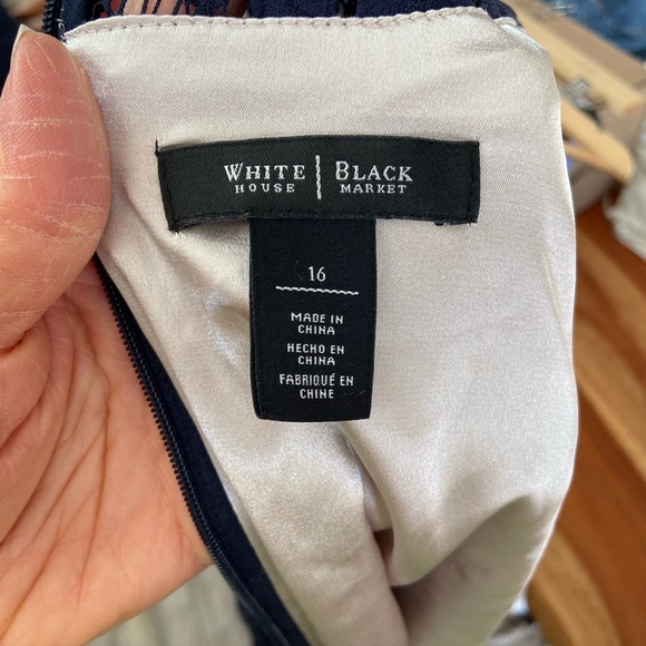 White House/Black Market Navy Blue Lace Mesh Overlay Sheath Lay Below Knee Dress - Picture 6 of 8